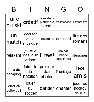 Des activités Bingo Card