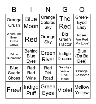 Songs With The Colors In A Rainbow (ROYGBIV) Bingo Card