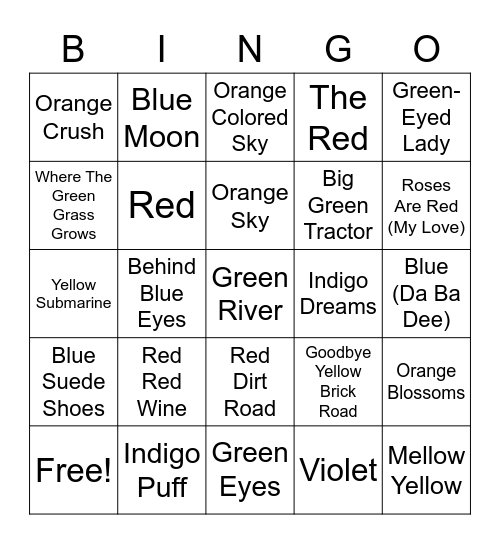 Songs With The Colors In A Rainbow (ROYGBIV) Bingo Card