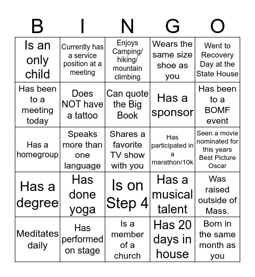 Recovery Bingo Card