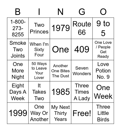 Songs With Numbers (Part 1) Bingo Card