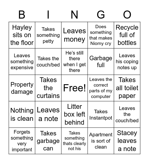 Hayley moving back in Bingo Card