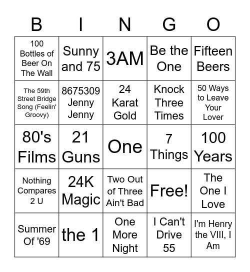 Songs With Numbers Part 2 Bingo Card