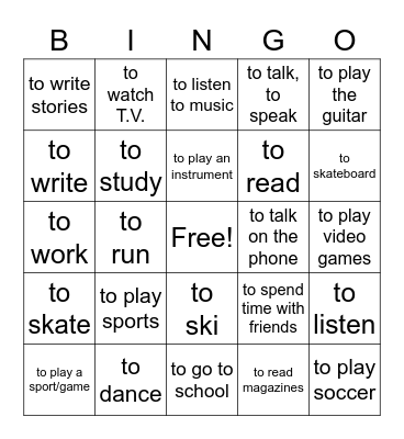 Leisure Time Activities Bingo Card