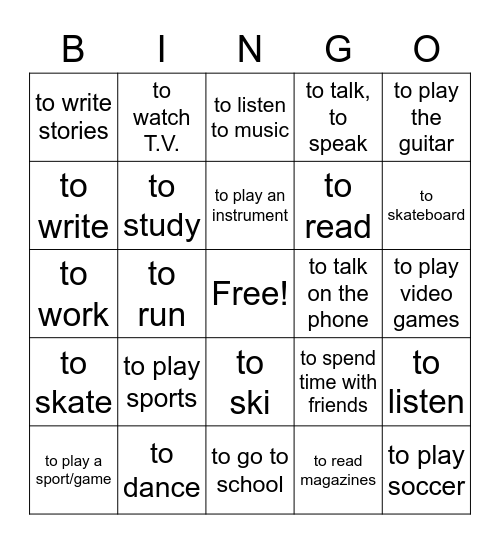 Leisure Time Activities Bingo Card