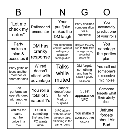 DnD Bingo Card