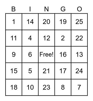 NUMBER Bingo Card