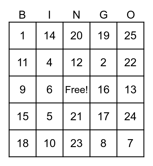 NUMBER Bingo Card