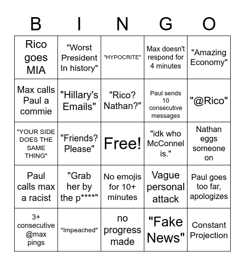 Paul and Max Arguing Bingo Card Bingo Card