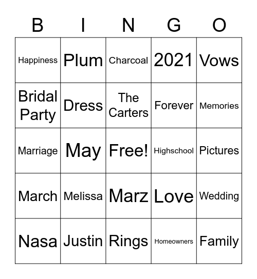 Bridal Bingo Card