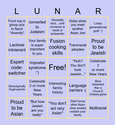 Asian Jewish Bingo Card