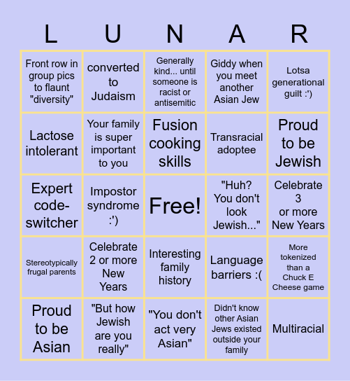 Asian Jewish Bingo Card