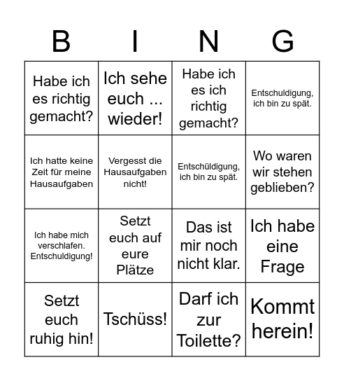 Klassendeutsch! Bingo Card
