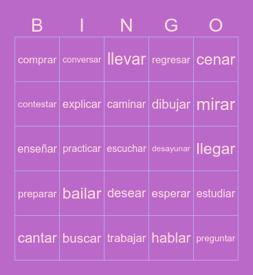 AR verbs Bingo Card