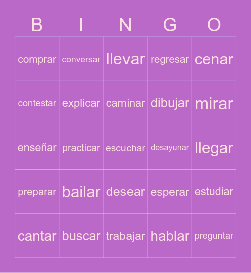 AR verbs Bingo Card