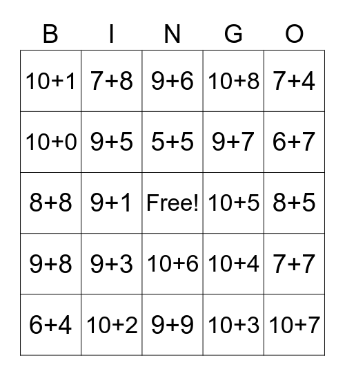 Math Fact Bingo Card