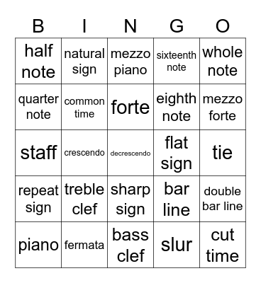 Musical Symbol Bingo Card