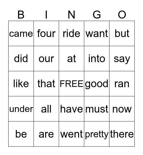 Primer Dolch Word Bingo Card