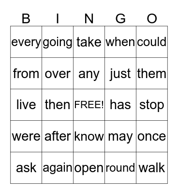 First Dolch Word Bingo Card