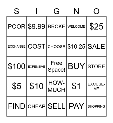 Money & Shopping SIGNO Bingo Card