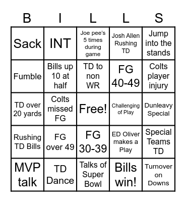 Bills Home Playoff Game Bingo Card