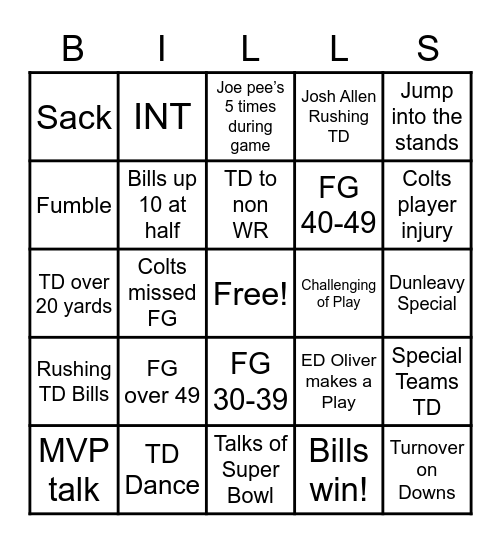 Bills Home Playoff Game Bingo Card