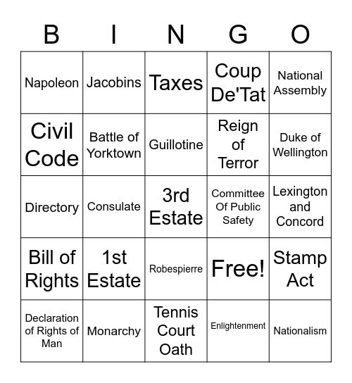 Revolutions Bingo Card