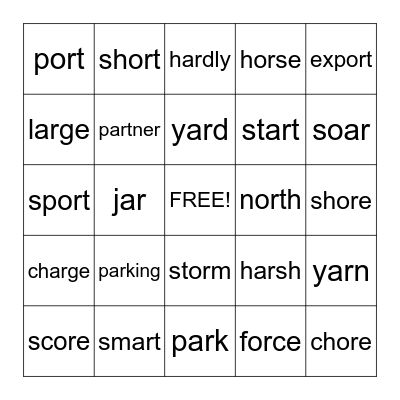 OR, AR, OAR, ORE Vowels Bingo Card