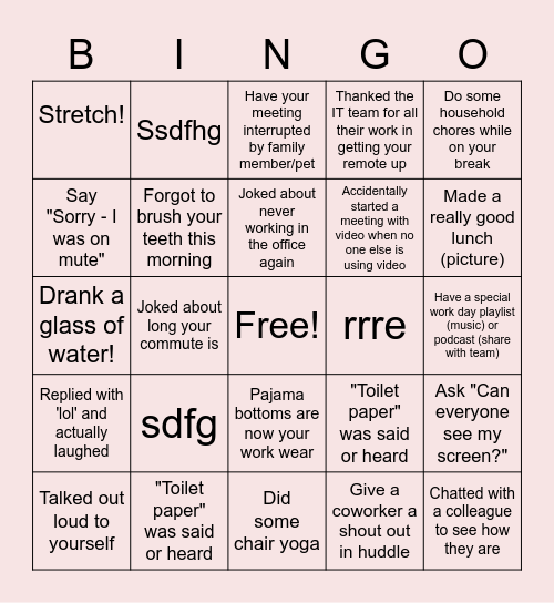 Remote Work Bingo Card