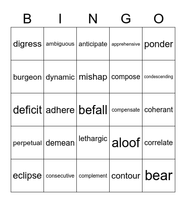 Sophomores Vocab Weeks 1-4 Bingo Card