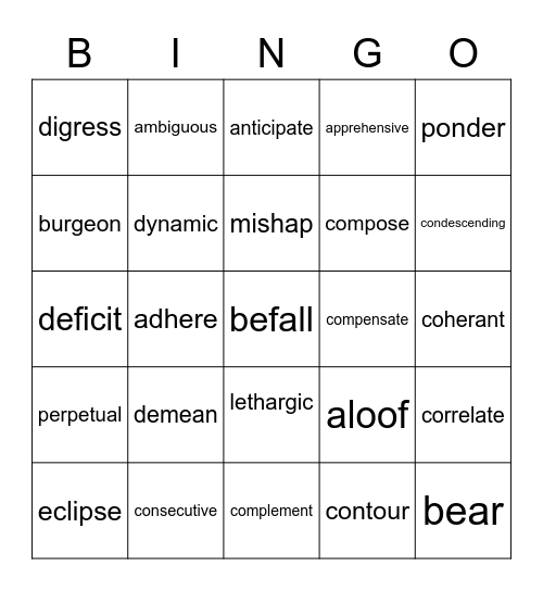 Sophomores Vocab Weeks 1-4 Bingo Card