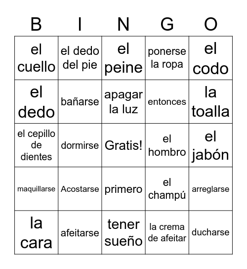 Vocabulario pg 133 Bingo Card