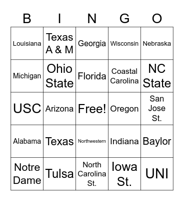 College Mascots Bingo Card