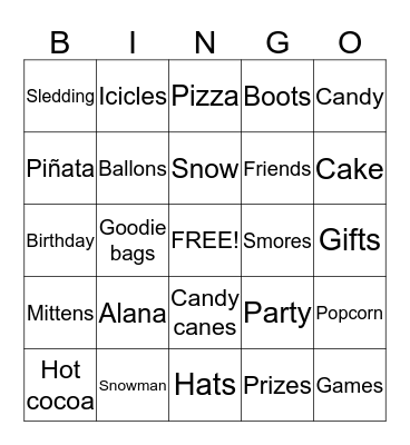 Alana's Birthday Bingo Card