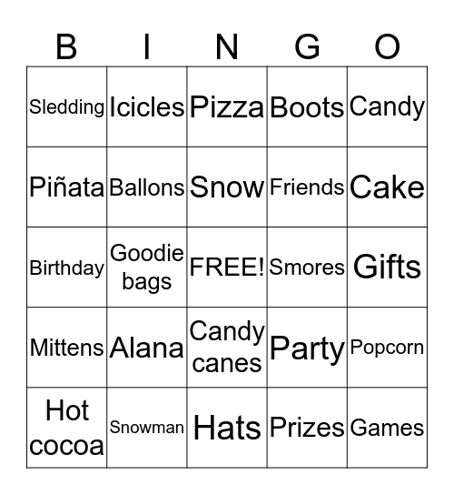 Alana's Birthday Bingo Card