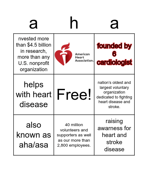 American Heart Association Bingo Card