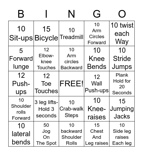 Bingo Warm- Up Bingo Card