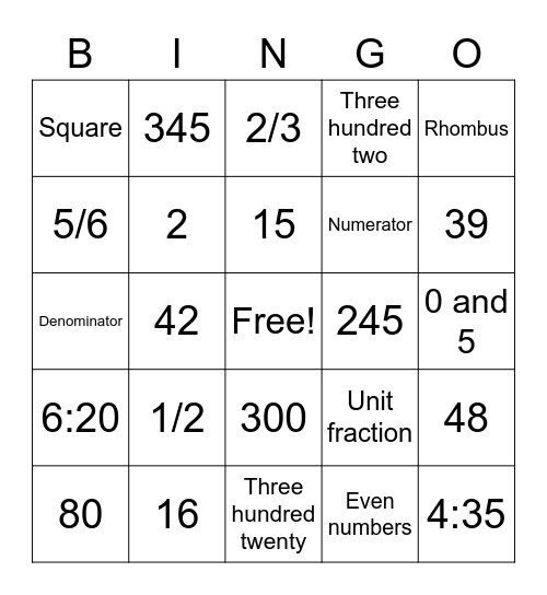 Math Review Bingo Game Bingo Card