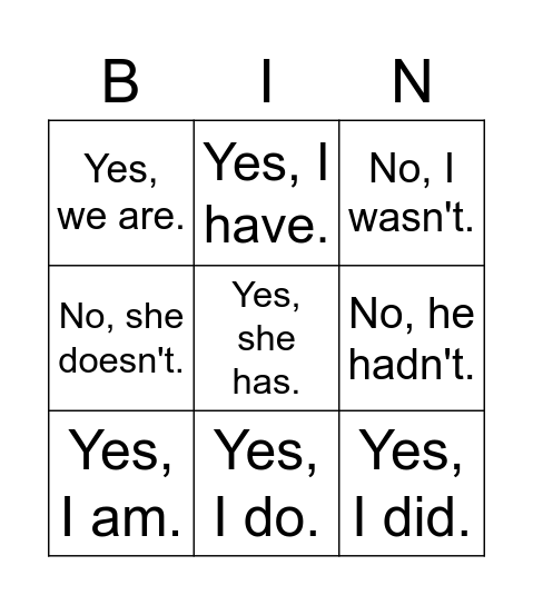 Bingo Tenses Bingo Card