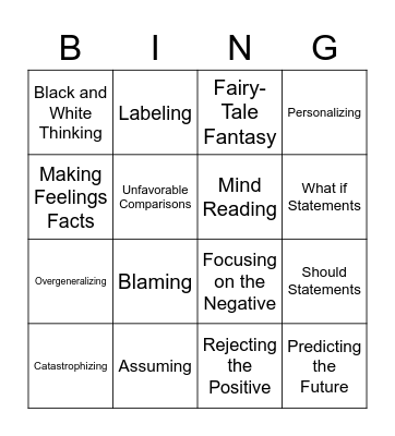 Automatic Negative Thougth Bingo Card