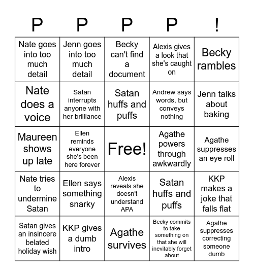 PPP Performance Bingo Card