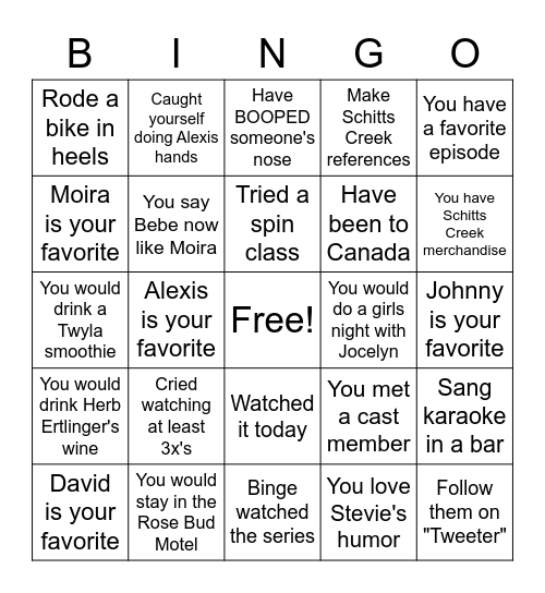 Schitts Creek Bingo Card