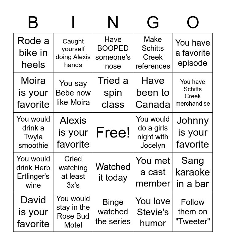 Schitts Creek Bingo Card