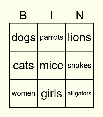 Plurals Bingo Card