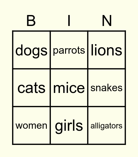 Plurals Bingo Card