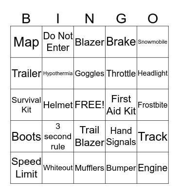 Snowmobile Safety Bingo Card