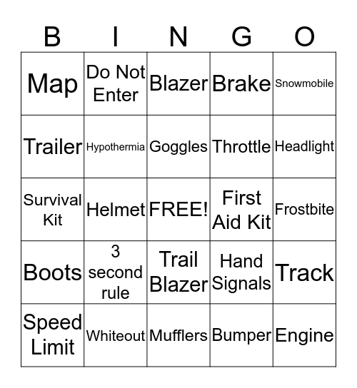 Snowmobile Safety Bingo Card