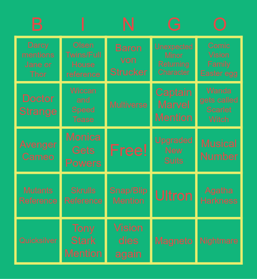 WANDAVISION Bingo Card