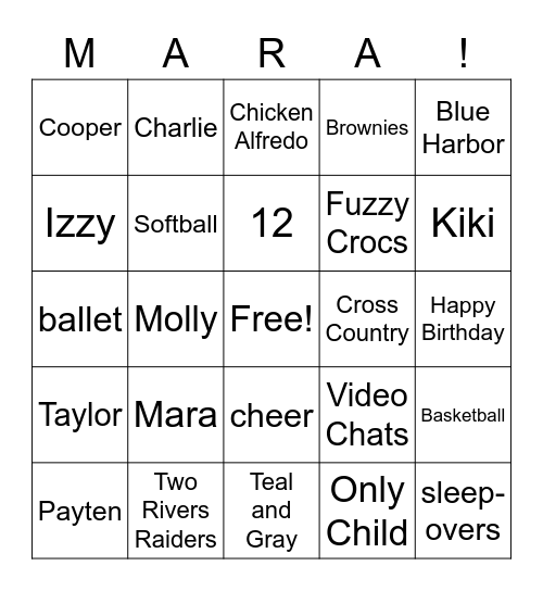 Happy Birthday Mara!!  Birthday BINGO Card