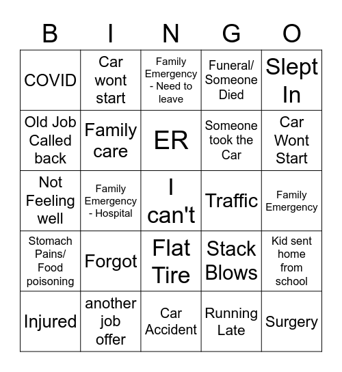 Temp Excuse Bingo Card